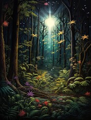 Vintage Starlit Forest Clearings Rainforest Landscape - Tree Line Artwork