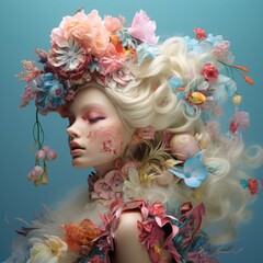 A whimsical portrait of a young woman adorned with a floral and butterfly headdress, embodying elegance and fantasy