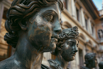 Ancient bust statues in the Roman style.