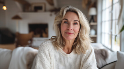 Portrait of a Confident Mature Woman in a Cozy Home Interior - Ideal for Lifestyle Magazines and Wellness Blogs