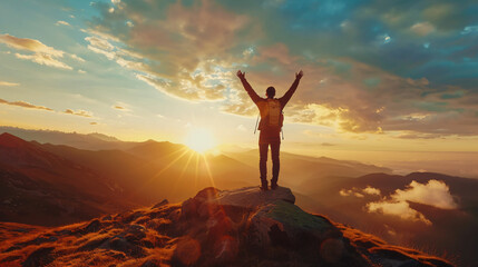 Man with arms up celebrating on top of the mountain.