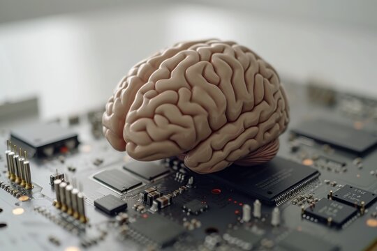 AI Brain Chip nanosatellites. Artificial Intelligence adiabatic mind future proofing axon. Semiconductor brain computer interface device circuit board neuroprocessing chip