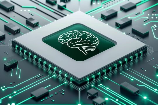 AI Brain Chip trend. Artificial Intelligence computing mind application specific integrated circuit axon. Semiconductor mask circuit board superscalar execution