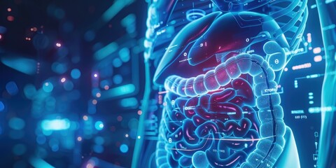 3D stomach and digestive system interior in a technical business-medical - obrazy, fototapety, plakaty