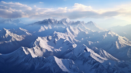 Aerial View  of Snow Covered  Mountain Landscape in Winter. Colorful Pink Sky