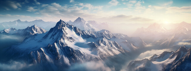 Aerial View  of Snow Covered  Mountain Landscape in Winter. Colorful Pink Sky
