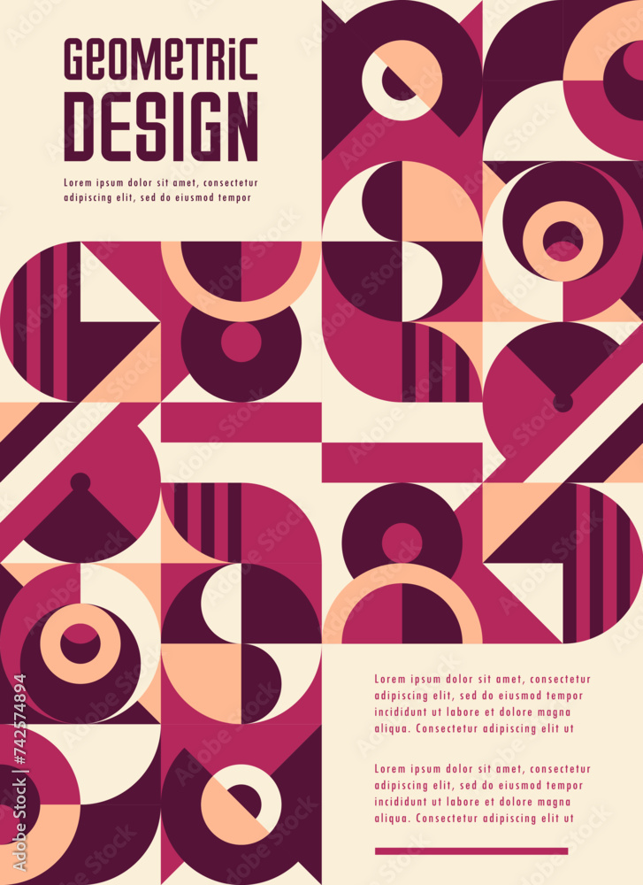 Poster beige, maroon, purple and pink modern abstract geometric poster of bauhaus pattern. vector vibrant v