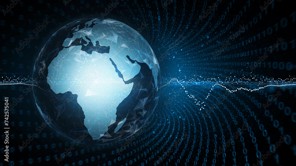 Poster artistic infograph illustration on binary data tunnel with earth.
