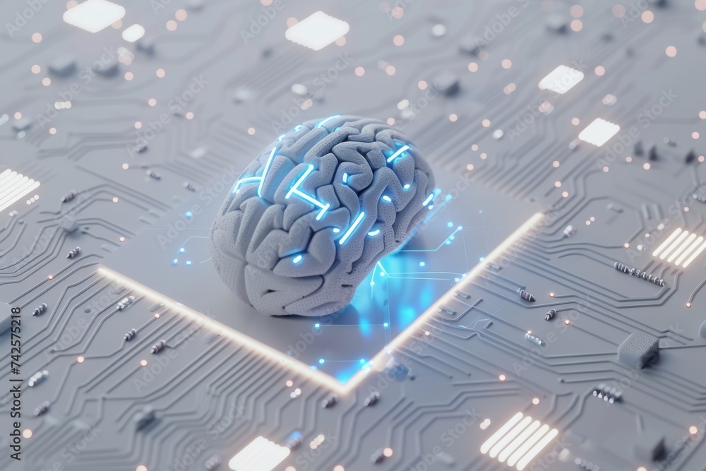 Poster ai brain chip neon. artificial intelligence stream mind chip encapsulation axon. semiconductor trans