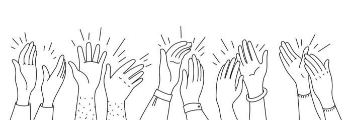 Doodle applause hands silhouettes. People clapping hands, vector outline audience of men and women raising arms and making applause. Fun, party, celebration or greetings, bravo and ovation concept - obrazy, fototapety, plakaty