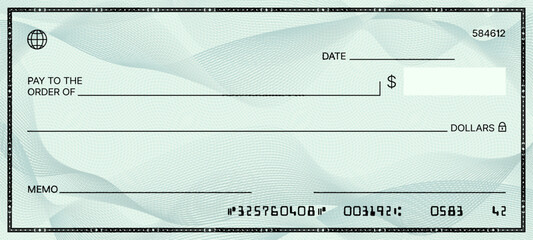 Blank bank check. Checkbook cheque template. Vector document with empty fields for personal and financial information, allowing users to create customized checks for Secure financial transactions