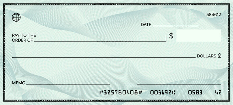 Blank bank check. Checkbook cheque template. Vector document with empty fields for personal and financial information, allowing users to create customized checks for Secure financial transactions