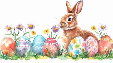Watercolor illustration of cute Easter bunny surrounded by spring flowers and colorful eggs