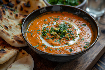 Spicy carrot soup with naan bread and pistachio yogurt - obrazy, fototapety, plakaty