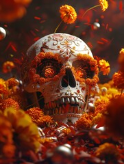 Festive Dia de los Muertos Sugar Skull Amidst Marigolds