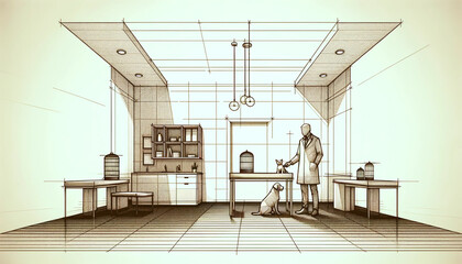 Veterinarian performing a medical examination on a dog inside a minimalist veterinary clinic 
