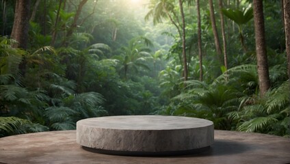 Empty stone product display podium with tropical forest background . Product presentation ideas