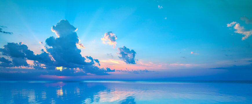Seascape in the early morning. Beautiful sunrise over the sea. Horizontal banner
