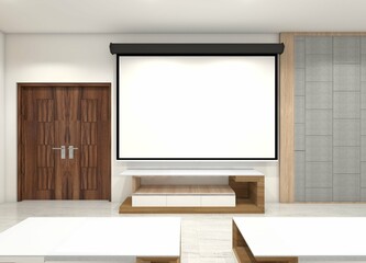 Wall Screen Projector and Modern Desk Cabinet for Interior Studio Room
