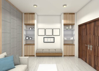 Interior Lobby with Cushion Bench and Side Rack Display and Cabinet