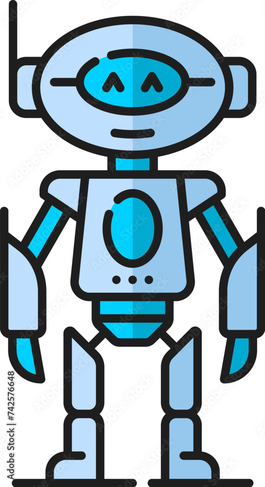 Poster game humanoid robot, futuristic droid, alien retro virtual bot line color icon. robotic technology v