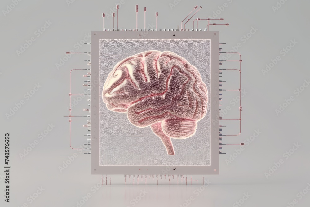 Poster ai brain chip extraction. artificial intelligence orange human neurorehabilitation mind circuit boar