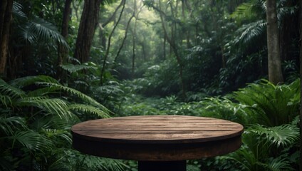Empty wooden product display podium with tropical forest background . Product presentation ideas