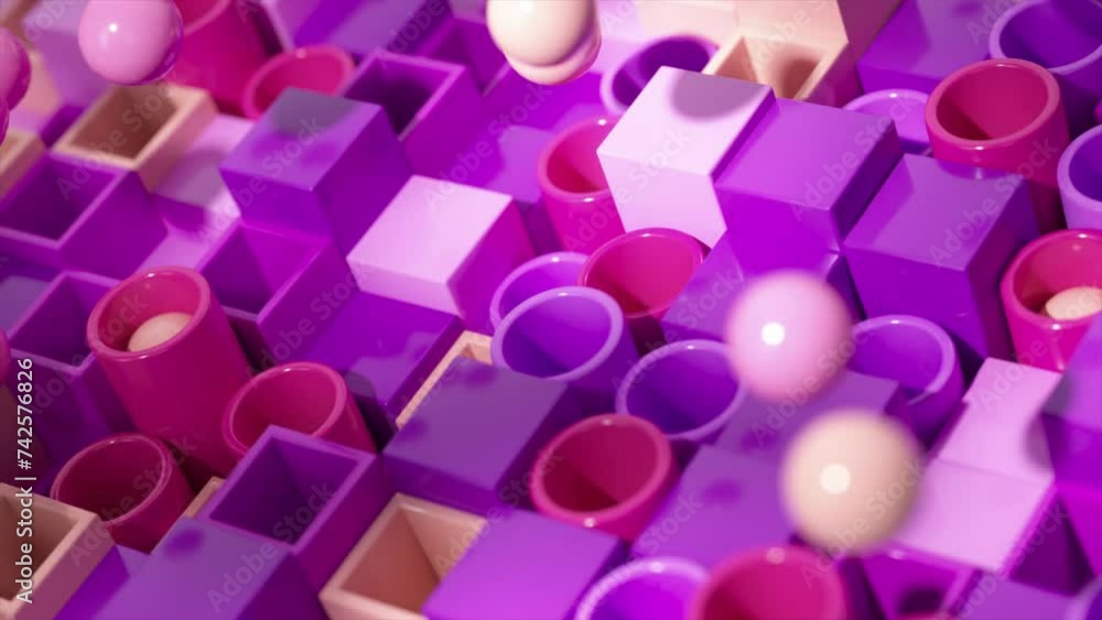 Poster glossy spheres navigate a maze of lavender cubes in this vibrant and playful 3d animation.