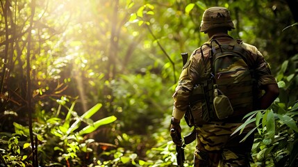 Jungle Mission: Soldier Moving to Battle in Jungle
