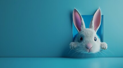 Cute Easter bunny peeking out of a blue wall with copy space. 3D illustration of a festive holiday concept.