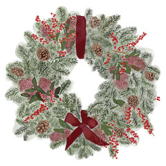 Watrecolor drawing of festive christmas green wreath with red berries and purple bow and ribbon. Hand-drawn green wreath, red berries, green pine, elements isolated on white background.