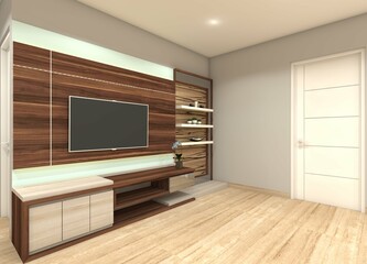 Television Cabinet Design with Wooden Panel and Rack Display