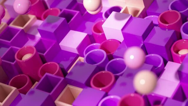 Glossy spheres navigate a maze of lavender cubes in this vibrant and playful 3D animation.