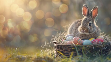 Fototapeta na wymiar Cute and fluffy white rabbit in a wicker basket surrounded by colorful Easter eggs on a green grass background