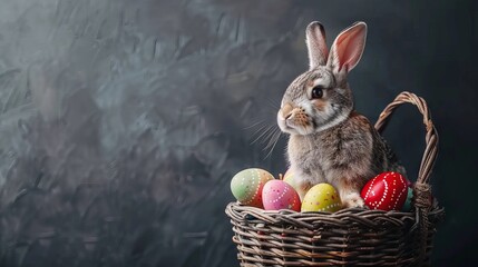 Cute and fluffy white rabbit in a wicker basket surrounded by colorful Easter eggs on a green grass background