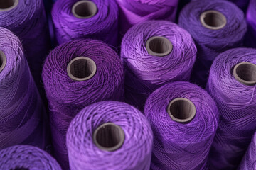 A close-up of spools of violet thread, seen from above and from the side.