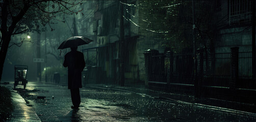 Man walking alone wearing an umbrella in the rain at night, AI generated Image