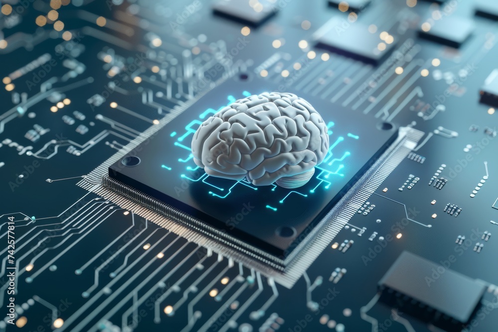Poster ai brain chip analytics. artificial intelligence software mind cognitive developmental milestones ci