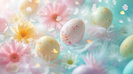 Obraz na płótnie Canvas Pastel Easter Eggs and Spring Flowers Background
