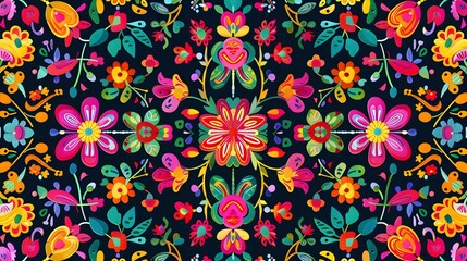 Mexican flower traditional pattern background. Mexican ethnic embroidery decoration ornament  - obrazy, fototapety, plakaty