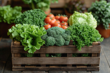 Various fresh leafy vegetables in crate