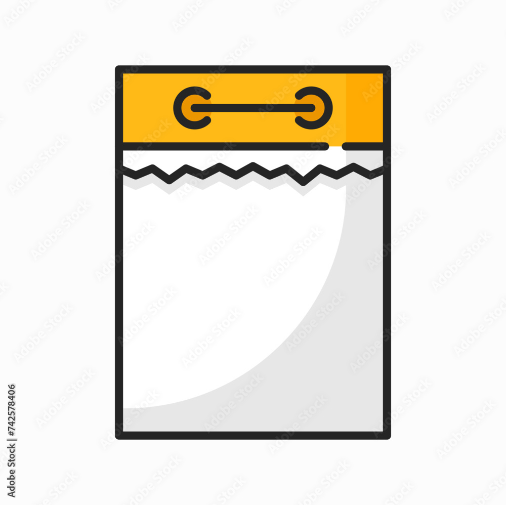 Aufkleber Notebook paper with spring, torn page color outline icon. Vector wall calendar blank page on spiral spring. Planning diary agenda page template
