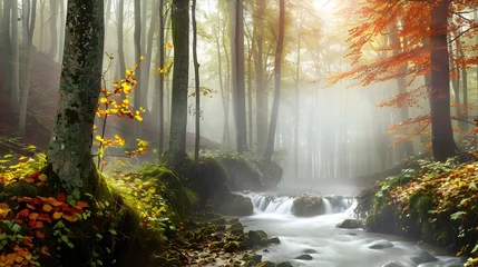 Foto op Plexiglas Close-up of rain in dense green forest full of moss with a stream or river of clear water in autumnal morning hour with light fog as clear autumnal template or background precipitation © PSCL RDL