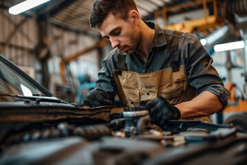 Fototapeta premium Caucasian man fixing car in a workshop