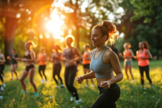 Outdoor fitness boot camp with a coach leading a diverse group of participants in a sunny park, demonstrating high-intensity interval training exercises