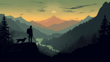 Sunset Adventure: Man and Dog in Flat Mountain Landscape 
