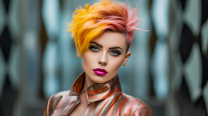 Edgy model with yellow and pink hair and magenta lipstick