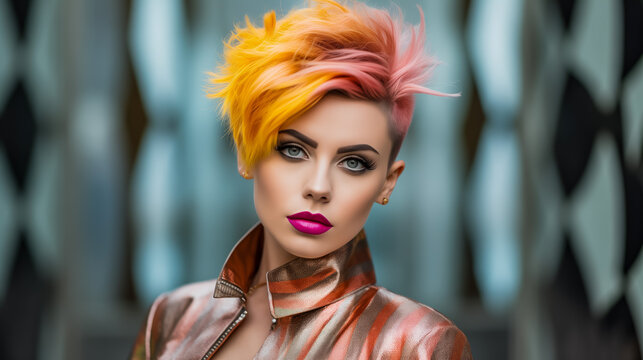 Edgy model with yellow and pink hair and magenta lipstick