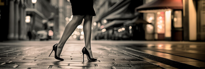 Elegant stride in black stilettos on a city street at night