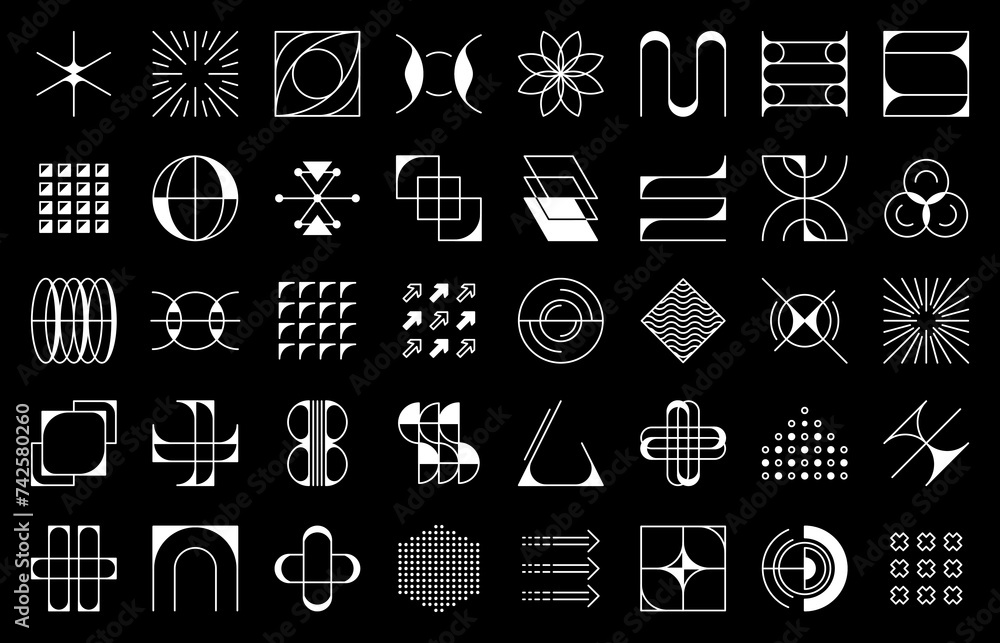 Poster Brutalism futuristic abstract shapes, geometric figures and elements, monochrome vector set. Surreal brutalist forms create an avant-garde visual narrative, pushing the boundaries of design innovation